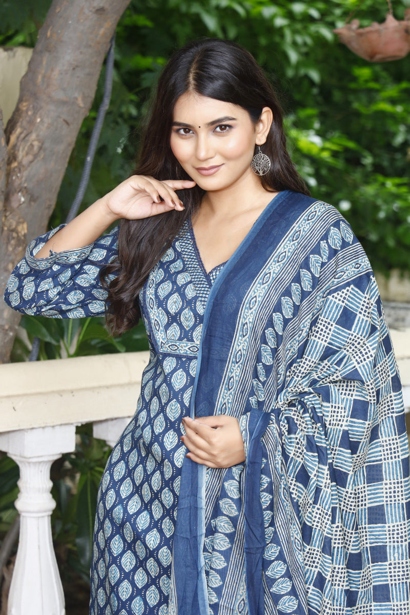 Festive Wear Jaipuri Cotton Suit Set for Women – Kurta, Pant & Dupatta- House Of The Handblock