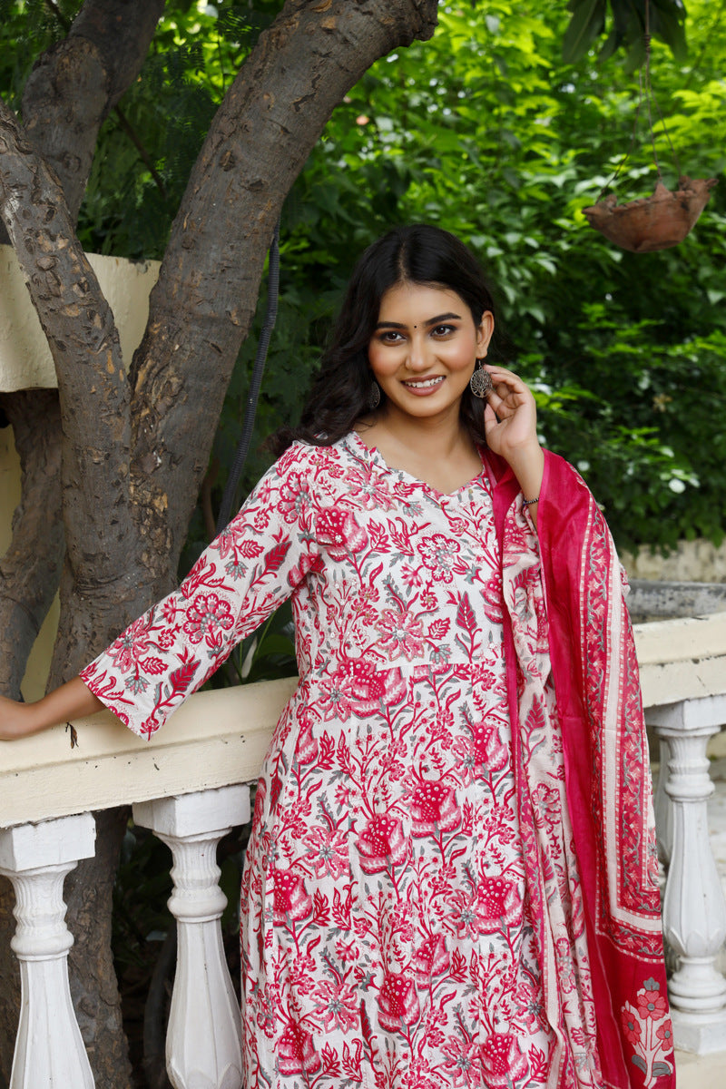 Festive Wear Jaipuri Cotton Suit Set for Women – Kurta, Pant & Dupatta- House Of The Handblock