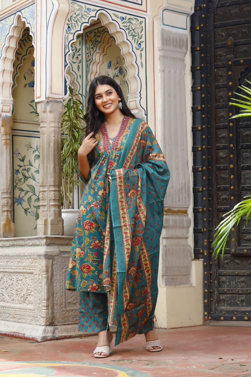 Festive Wear Jaipuri Cotton Suit Set for Women – Kurta, Pant & Dupatta- House Of The Handblock