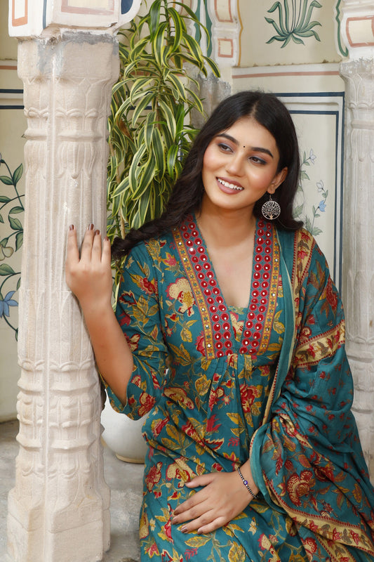 Festive Wear Jaipuri Cotton Suit Set for Women – Kurta, Pant & Dupatta- House Of The Handblock