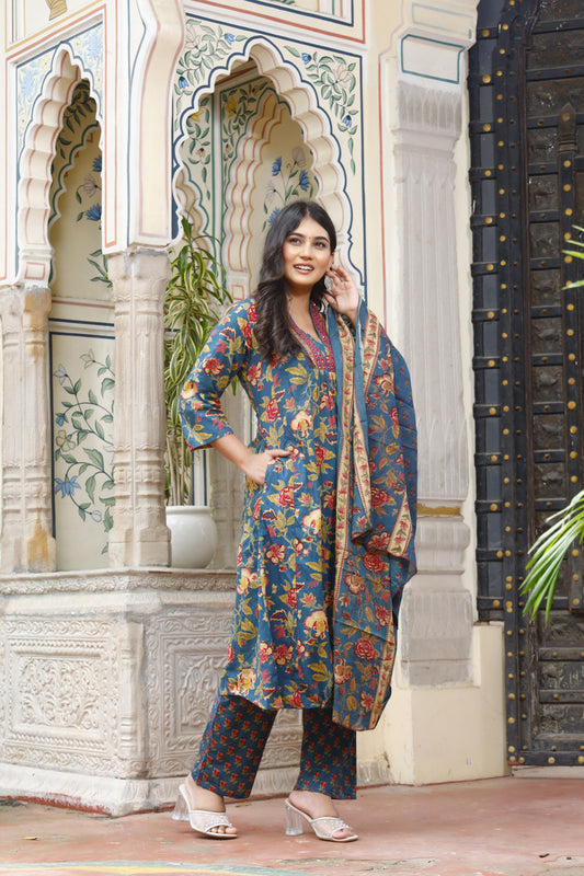 Festive Wear Jaipuri Cotton Suit Set for Women – Kurta, Pant & Dupatta- House Of The Handblock