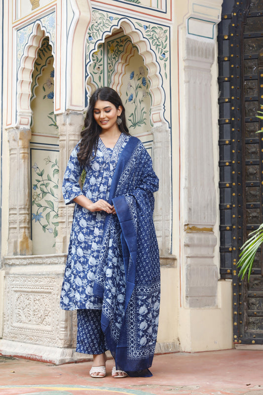 Festive Wear Jaipuri Cotton Suit Set for Women – Kurta, Pant & Dupatta- House Of The Handblock