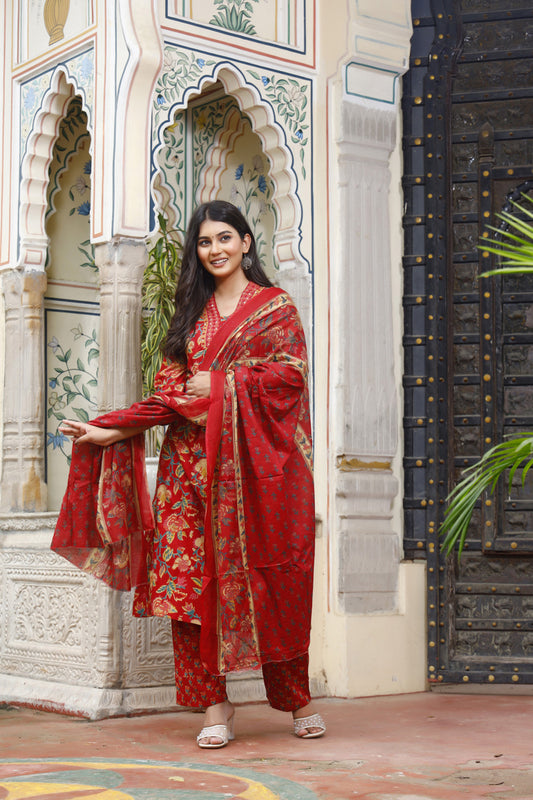 Festive Wear Jaipuri Cotton Suit Set for Women – Kurta, Pant & Dupatta- House Of The Handblock