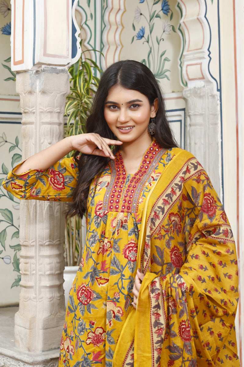 Festive Wear Jaipuri Cotton Suit Set for Women – Kurta, Pant & Dupatta- House Of The Handblock