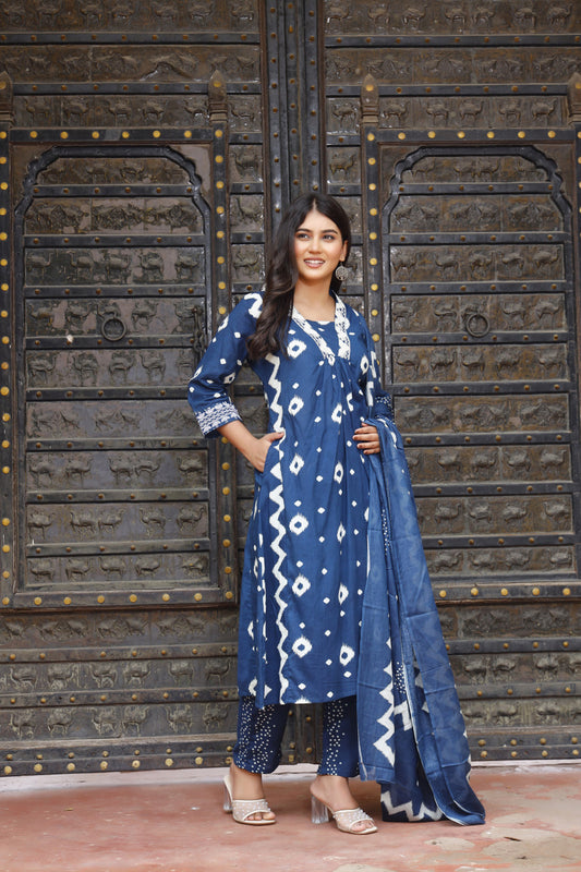 Festive Wear Jaipuri Cotton Suit Set for Women – Kurta, Pant & Dupatta- House Of The Handblock