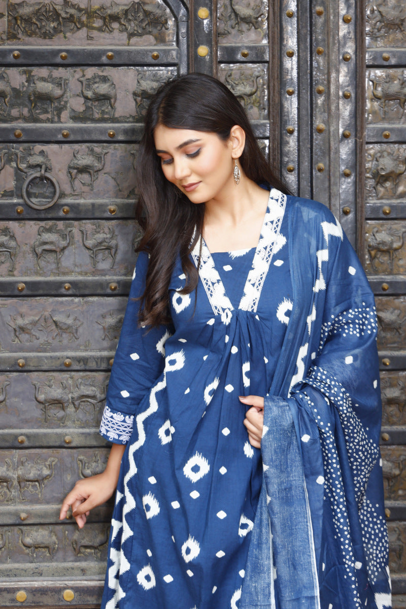 Festive Wear Jaipuri Cotton Suit Set for Women – Kurta, Pant & Dupatta- House Of The Handblock