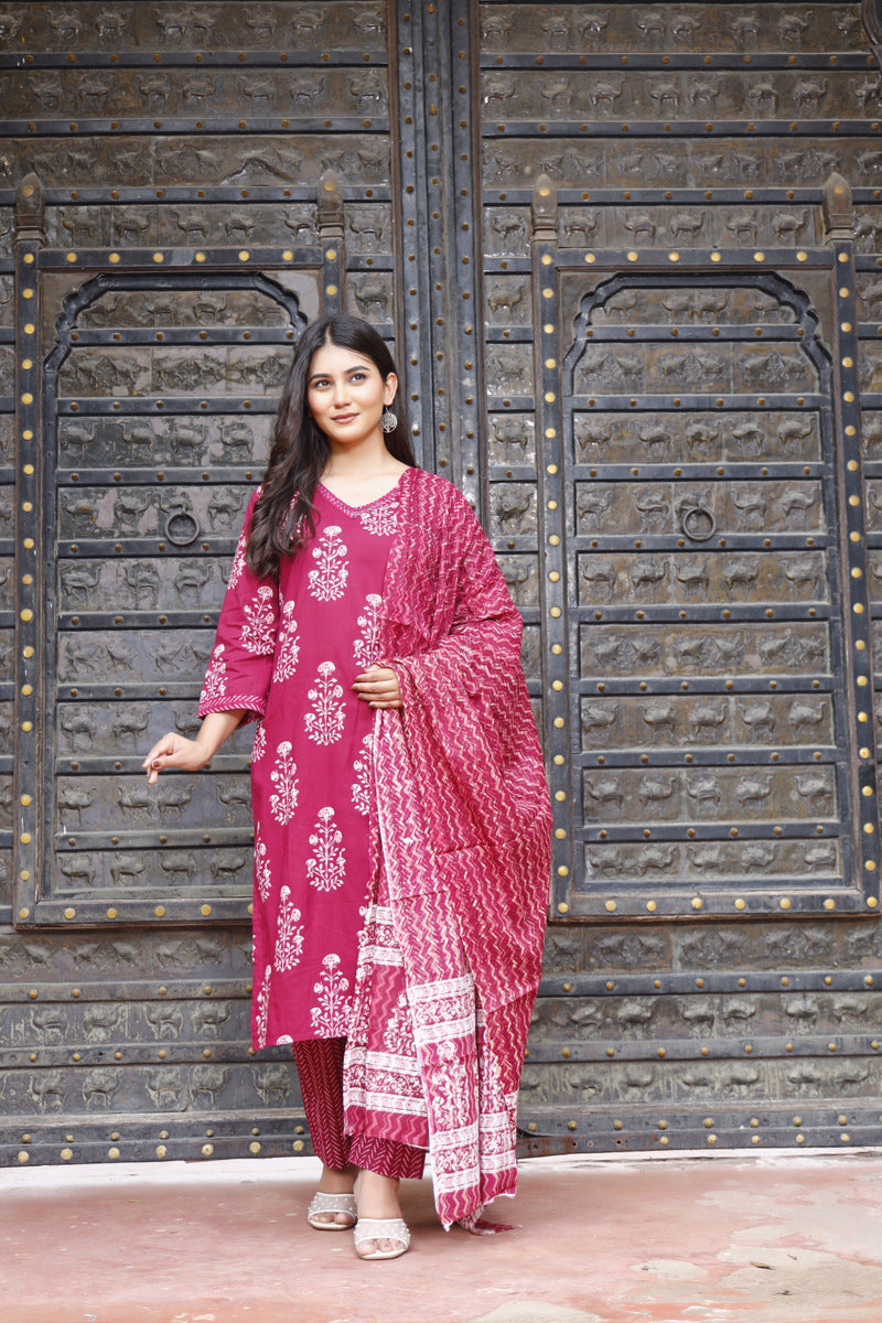 Festive Wear Jaipuri Cotton Suit Set for Women – Kurta, Pant & Dupatta- House Of The Handblock