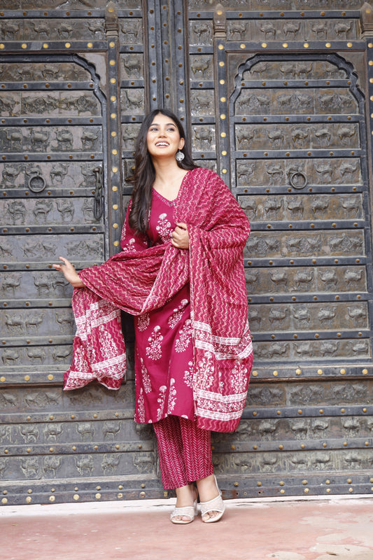 Festive Wear Jaipuri Cotton Suit Set for Women – Kurta, Pant & Dupatta- House Of The Handblock