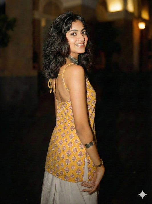 Trendy Corset Sleeveless Short Cotton Top with Back Ties | House of the Handblock