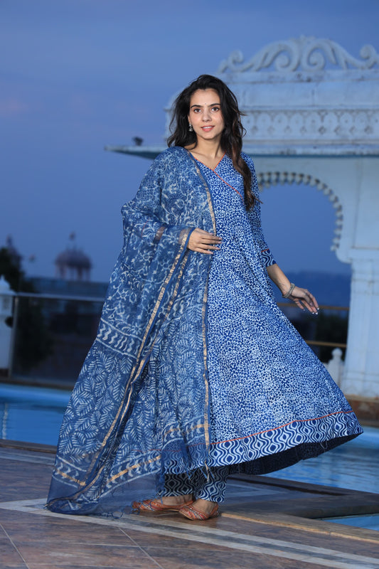 GI Tagged Handblock Printed Pure Cotton long Anarkali 3-Piece Set – Premium Quality 60x60 Fabric