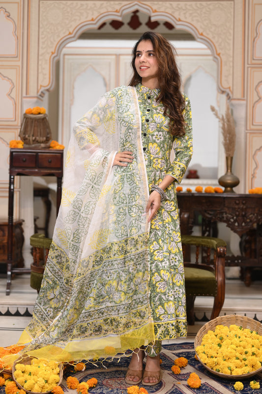 GI Tagged Handblock Printed Pure Cotton long Anarkali 3-Piece Set – Premium Quality 60x60 Fabric
