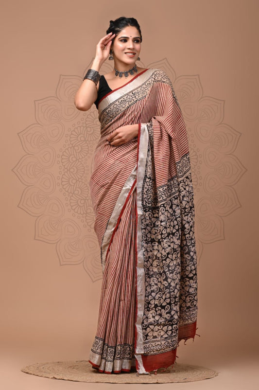Pure Cotton Linen Hand Block Printed Saree with Blouse | Handcrafted Saree | House of the Handblock Jaipur