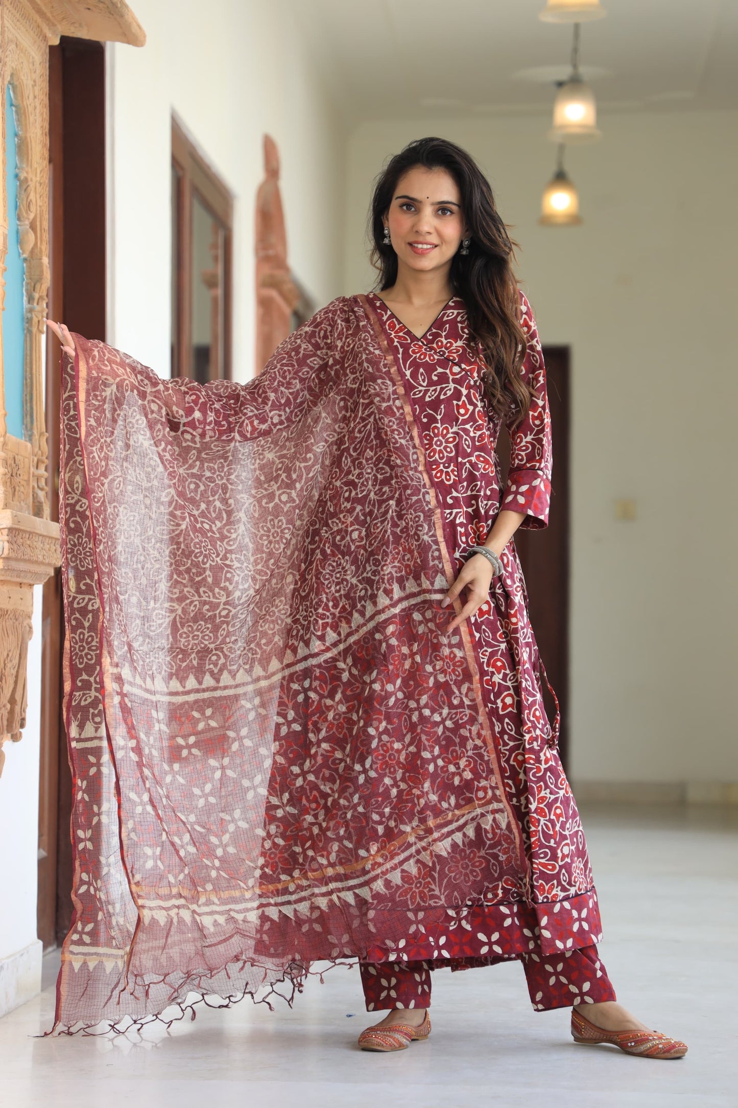 GI Tagged Handblock Printed Pure Cotton long Anarkali 3-Piece Set – Premium Quality 60x60 Fabric