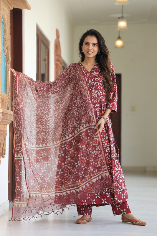 GI Tagged Handblock Printed Pure Cotton long Anarkali 3-Piece Set – Premium Quality 60x60 Fabric