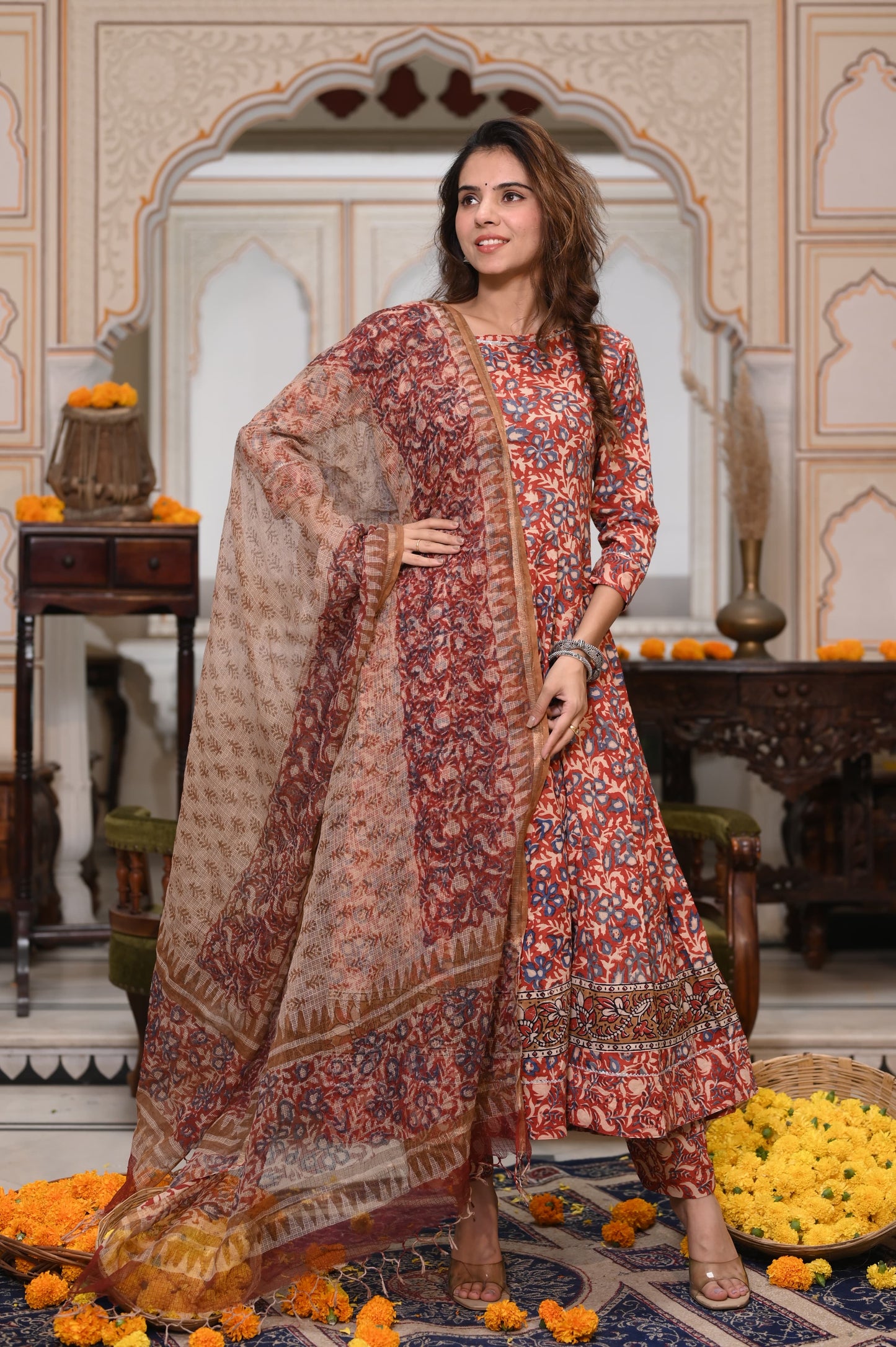 GI Tagged Handblock Printed Pure Cotton long Anarkali 3-Piece Set – Premium Quality 60x60 Fabric