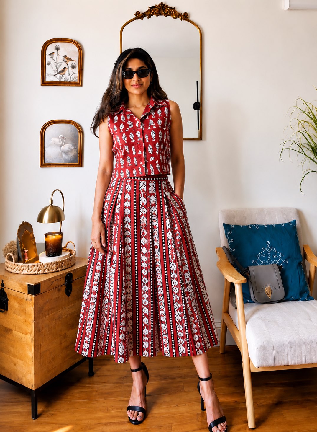Natural Handblock Printed Cotton Co-Ord Set | Sleeveless Collar Top & Elastic Pocket Skirt | Pure Cotton | XS to 8XL | House Of The Handblock