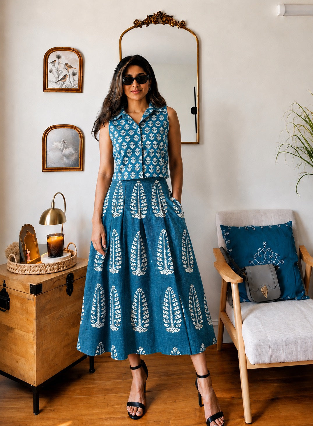Natural Handblock Printed Cotton Co-Ord Set | Sleeveless Collar Top & Elastic Pocket Skirt | Pure Cotton | XS to 8XL | House Of The Handblock