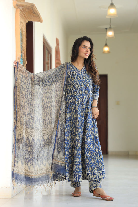 GI Tagged Handblock Printed Pure Cotton long Anarkali 3-Piece Set – Premium Quality 60x60 Fabric