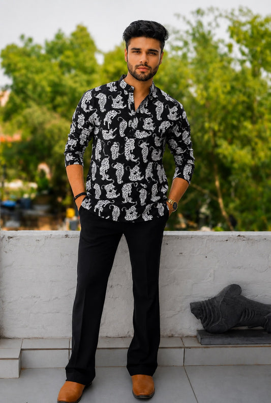 Handblock Printed Cotton Men’s Short Kurta – Premium Fit | Mandrain Collar | XS–8XL