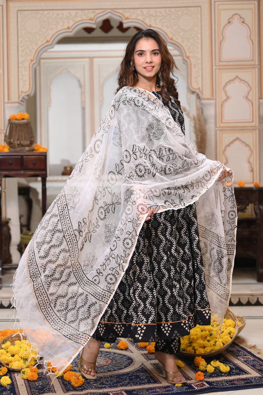 GI Tagged Handblock Printed Pure Cotton long Anarkali 3-Piece Set – Premium Quality 60x60 Fabric
