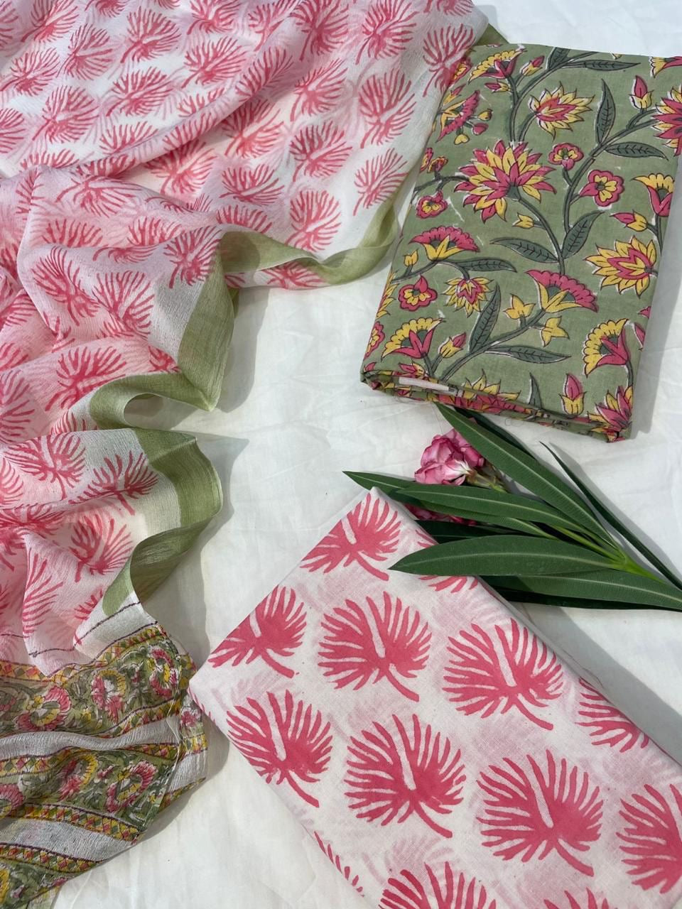 Cotton Suit Set with Pure Chiffon Dupatta and Cotton Bottom | 60×60 Cambric Cotton | House of the Handblock Jaipur