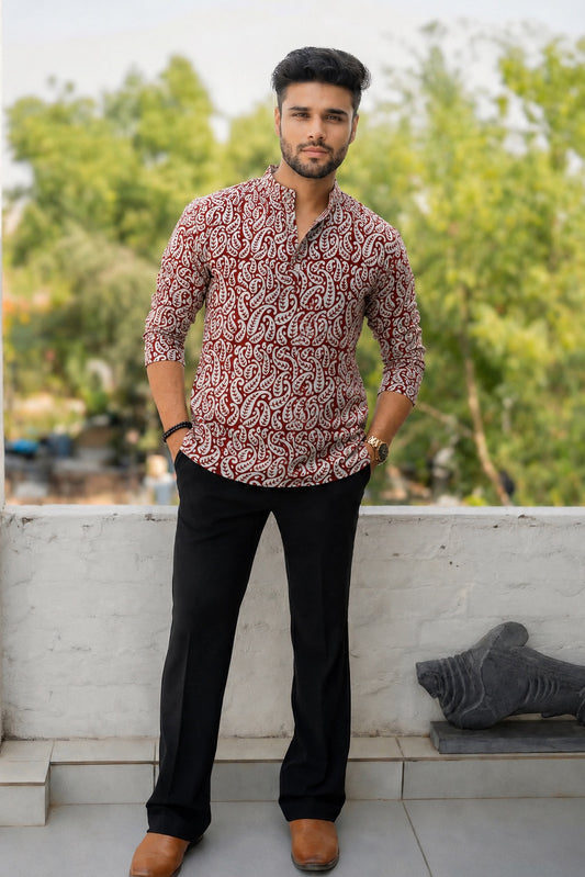 Handblock Printed Cotton Men’s Short Kurta – Premium Fit | Mandrain Collar | XS–8XL