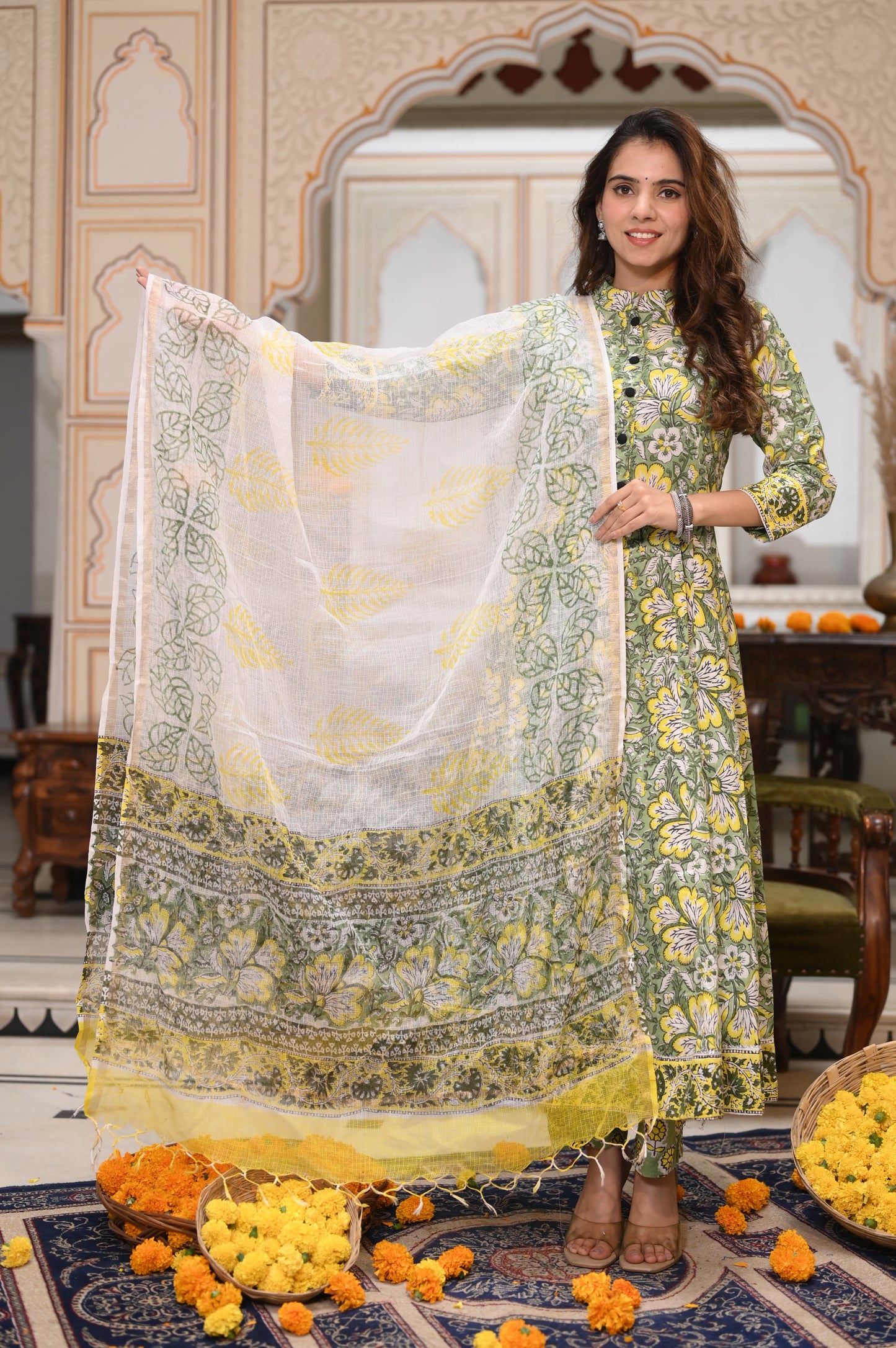 GI Tagged Handblock Printed Pure Cotton long Anarkali 3-Piece Set – Premium Quality 60x60 Fabric