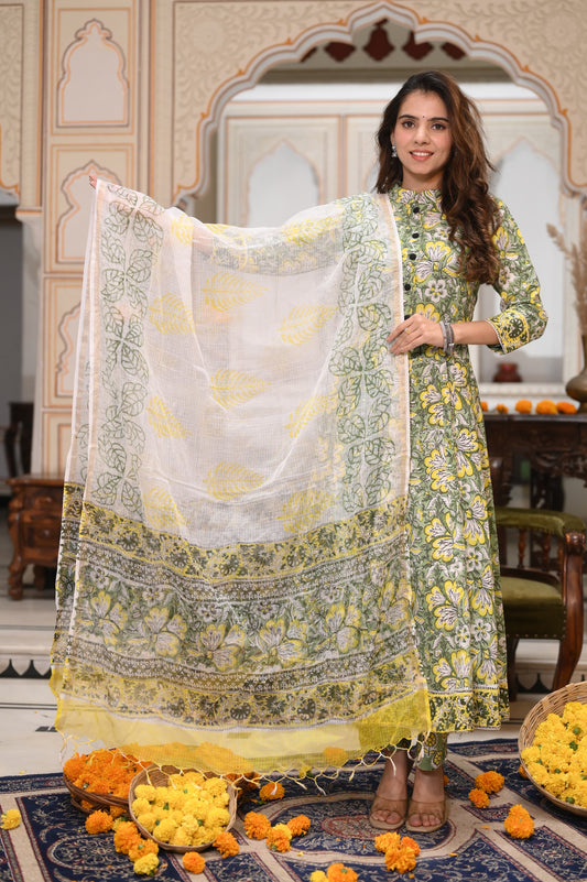 GI Tagged Handblock Printed Pure Cotton long Anarkali 3-Piece Set – Premium Quality 60x60 Fabric
