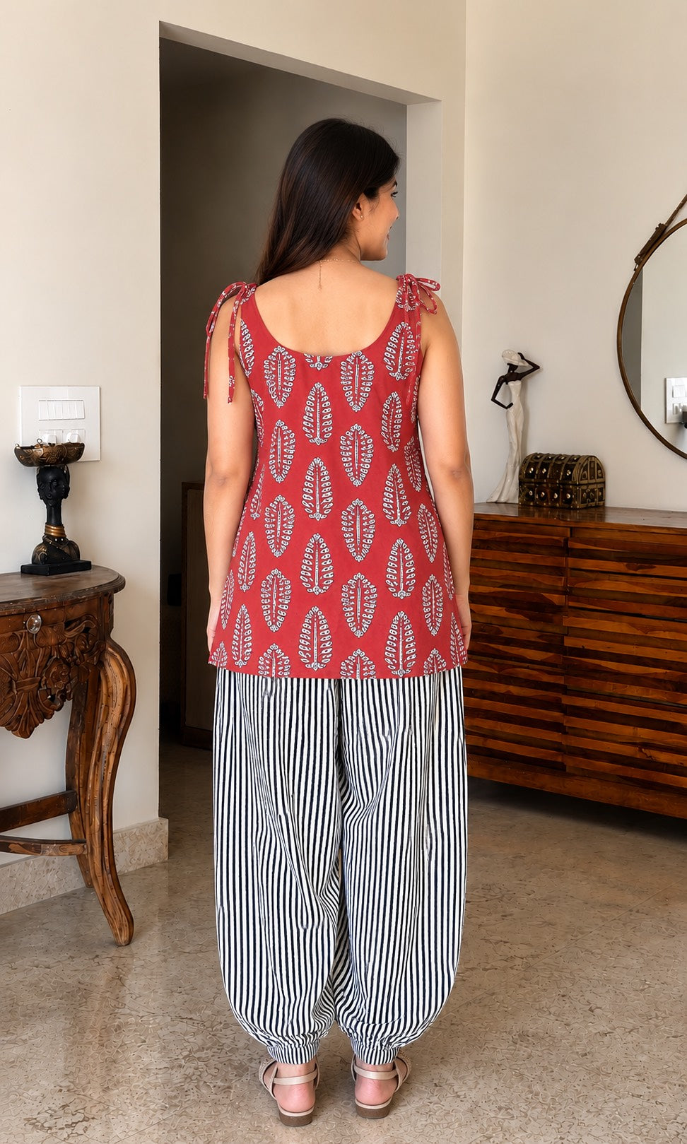 Natural Dyes Handblock Printed Cotton Tie-Up Shoulder Top with Farasi Salwar Set | Trendy Ethnic Co-Ord Set | Sizes XS to 8XL | House Of The Handblock