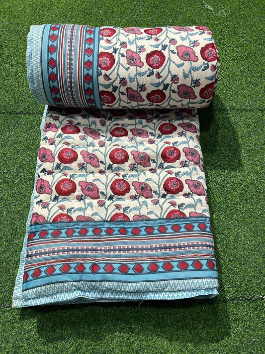 Premium Jaipuri Hand Block Printed Cotton Quilt (Rajai) | Reversible King Size Double Bed Quilt | 90x108 Inches | House Of The Handblock
