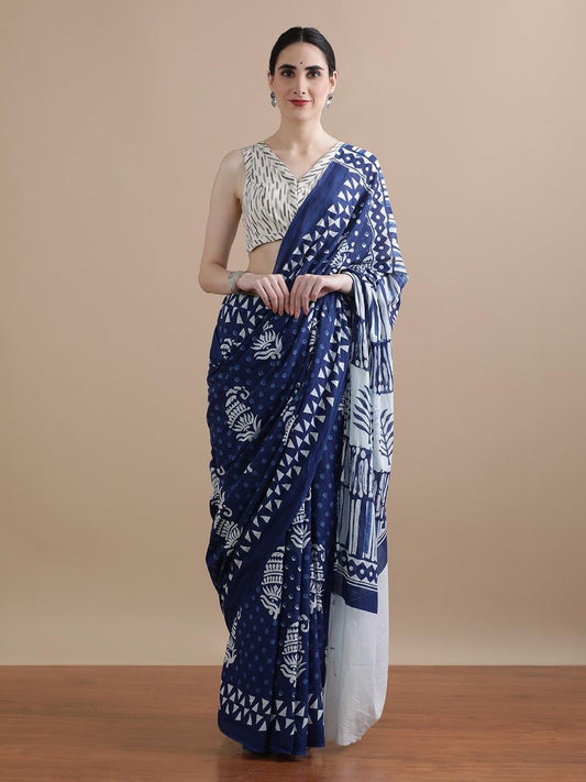 Pure Cotton Mul Mul Printed Saree with Blouse | Soft Handblock Style Saree | House of The Handblock Jaipur