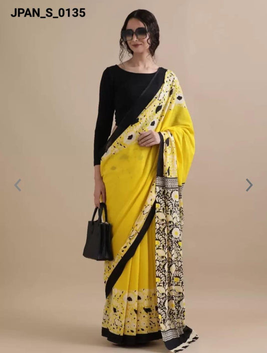 Pure Cotton Mul Mul Printed Saree with Blouse | Soft Handblock Style Saree | House of The Handblock