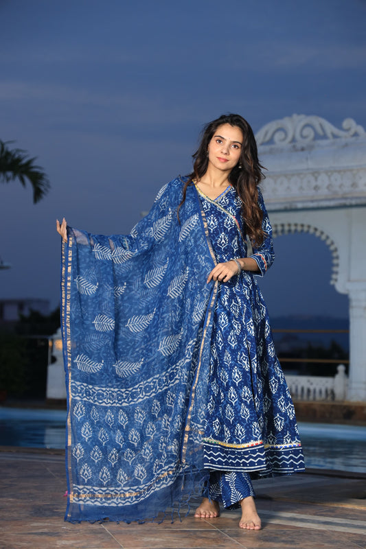 GI Tagged Handblock Printed Pure Cotton long Anarkali 3-Piece Set – Premium Quality 60x60 Fabric
