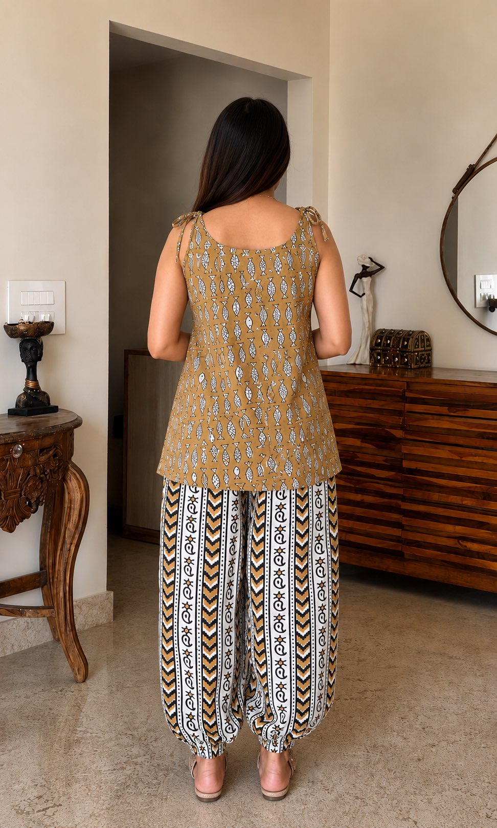 Natural Dyes Handblock Printed Cotton Tie-Up Shoulder Top with Farasi Salwar Set | Trendy Ethnic Co-Ord Set | Sizes XS to 8XL | House Of The Handblock