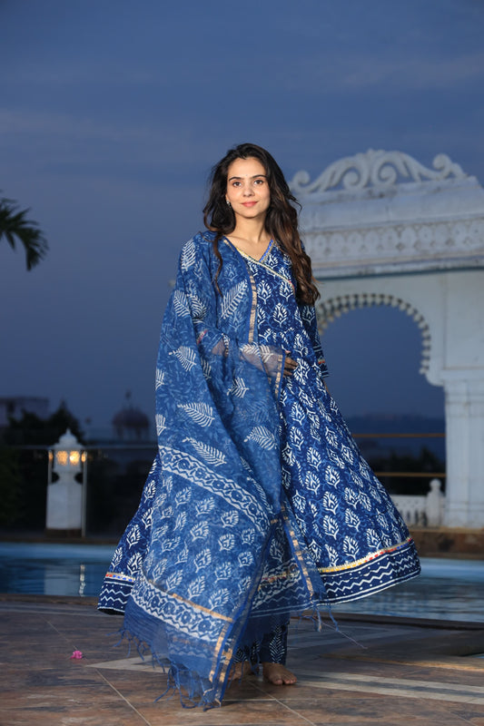 GI Tagged Handblock Printed Pure Cotton long Anarkali 3-Piece Set – Premium Quality 60x60 Fabric