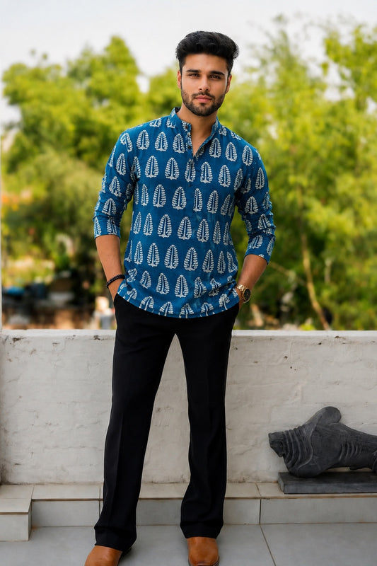 Handblock Printed Cotton Men’s Short Kurta – Premium Fit | Mandrain Collar | XS–8XL