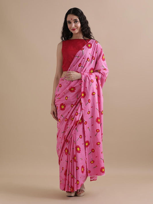 Pure Cotton Mul Mul Printed Saree with Blouse | Soft Handblock Style Saree | House of The Handblock