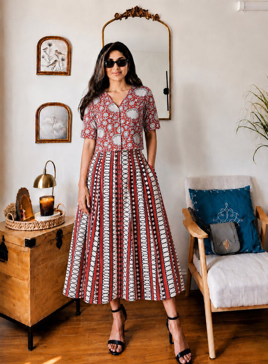 Natural Handblock Printed Cotton V-Neck Short Sleeve Crop Top & Elastic Pocket Skirt Co-Ord Set | XS to 8XL | House Of The Handblock