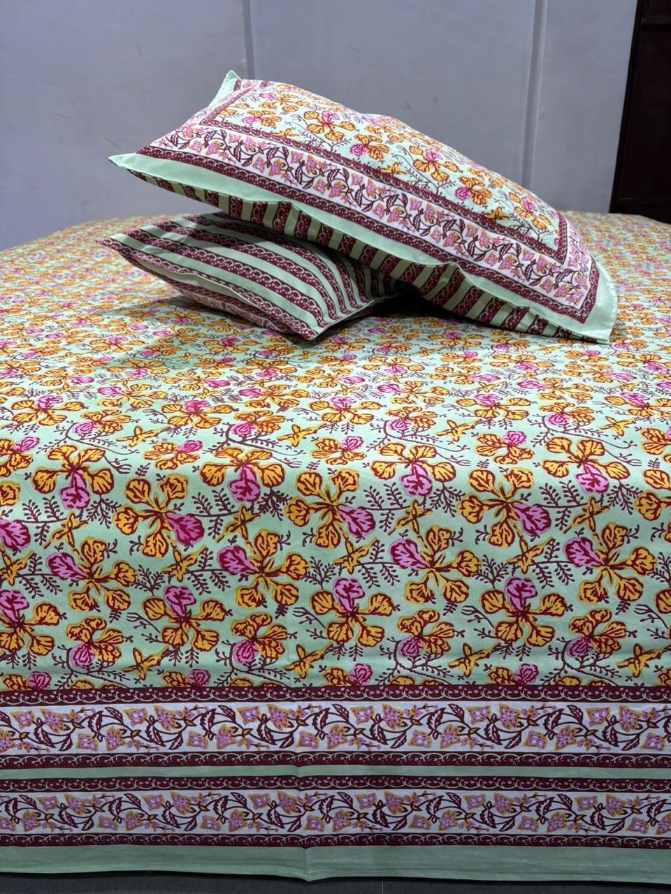 Premium Pure Cotton Super King Size Bedsheet 108×108 with 2 Pillow Covers | Colour Fast South Cotton Bedsheet | House Of The Handblock
