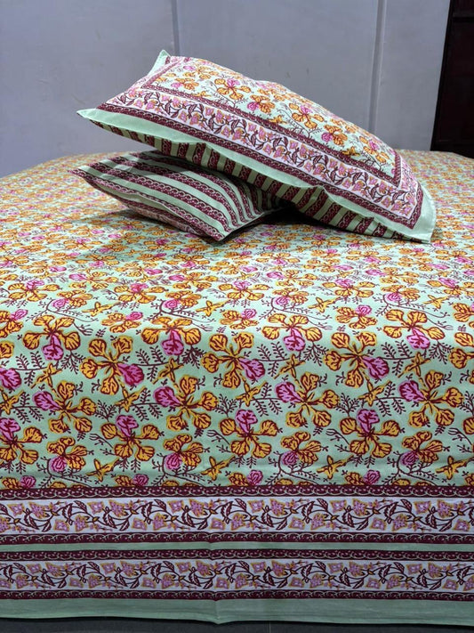 Premium Pure Cotton Super King Size Bedsheet 108×108 with 2 Pillow Covers | Colour Fast South Cotton Bedsheet | House Of The Handblock