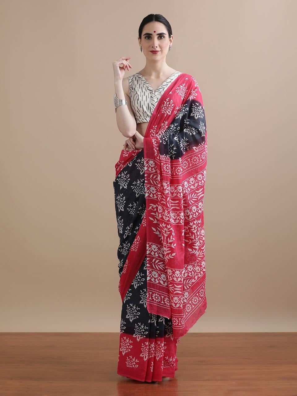 Pure Cotton Mul Mul Printed Saree with Blouse | Soft Handblock Style Saree | House of The Handblock