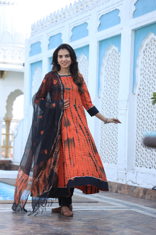 GI Tagged Handblock Printed Pure Cotton long Anarkali 3-Piece Set – Premium Quality 60x60 Fabric