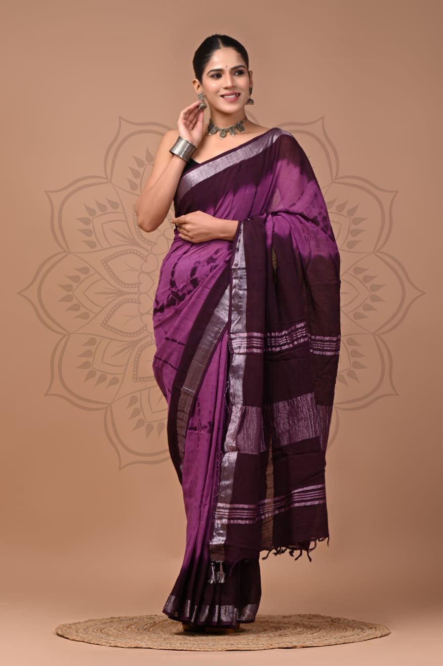 Pure Cotton Linen Hand Block Printed Saree with Blouse | Handcrafted Saree | House of the Handblock Jaipur