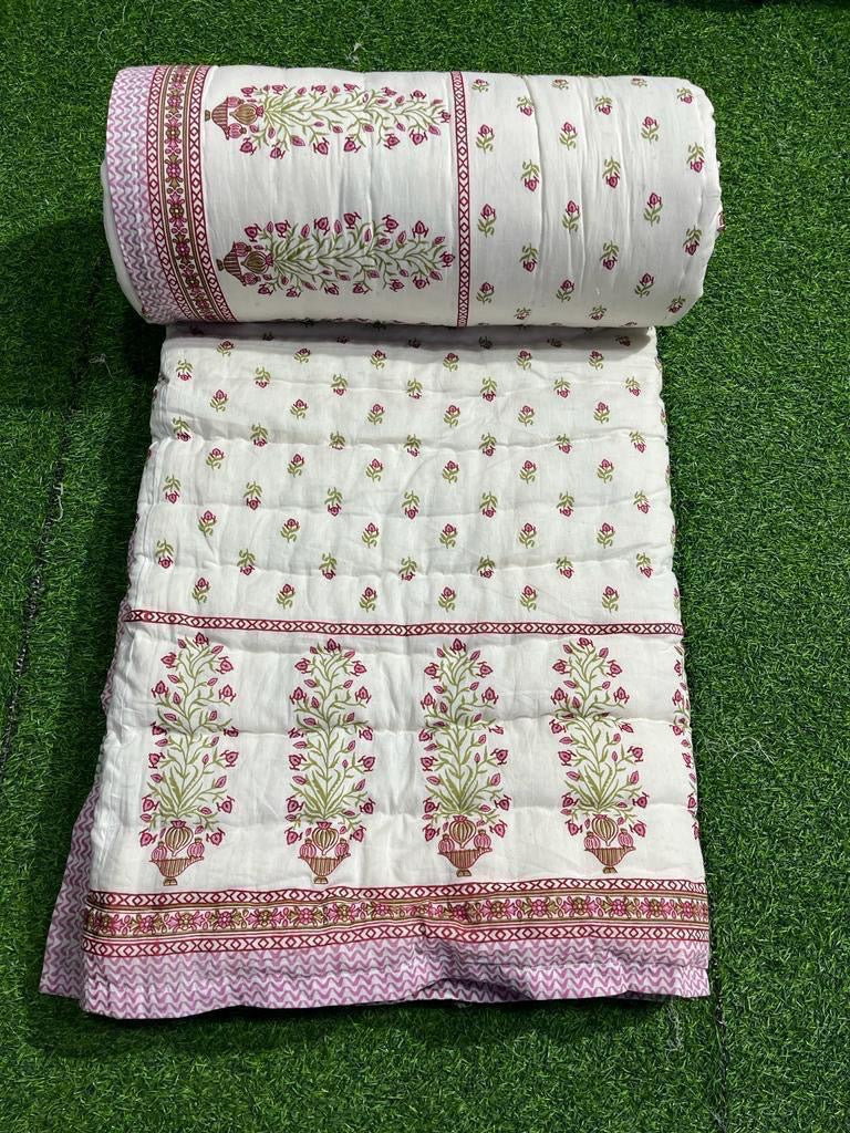 Premium Jaipuri Hand Block Printed Cotton Quilt (Rajai) | Reversible King Size Double Bed Quilt | 90x108 Inches | House Of The Handblock