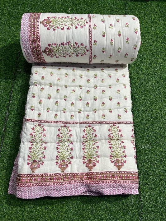 Premium Jaipuri Hand Block Printed Cotton Quilt (Rajai) | Reversible King Size Double Bed Quilt | 90x108 Inches | House Of The Handblock