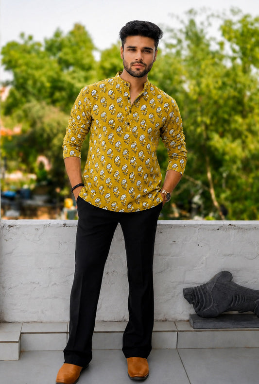 Handblock Printed Cotton Men’s Short Kurta – Premium Fit | Mandrain Collar | XS–8XL