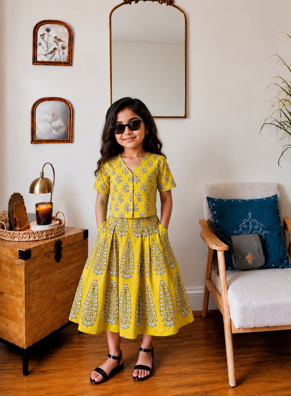 Trending Hand Block Printed Crop Top with Skirt Corset Set for Kids | Natural Cotton | Infant to 14 Years | Skin-Friendly | Customization Available | House Of The Handblock