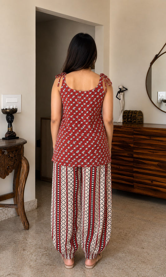 Natural Dyes Handblock Printed Cotton Tie-Up Shoulder Top with Farasi Salwar Set | Trendy Ethnic Co-Ord Set | Sizes XS to 8XL | House Of The Handblock