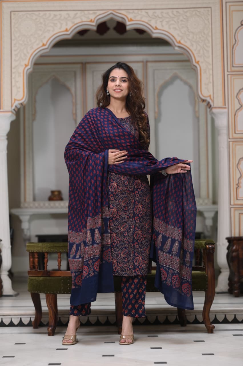 Exclusive Jaipuri Printed Cotton Kurti Set with Printed Plazo & Dupatta | Pure 60×60 Cotton- House Of The Handblock