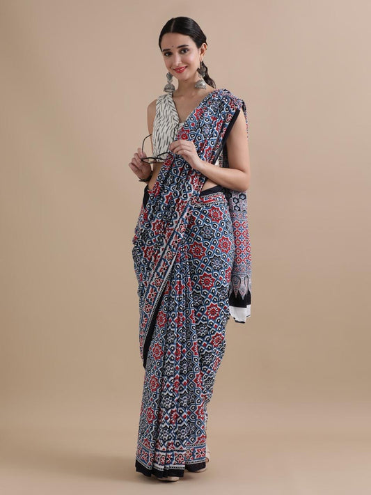 Pure Cotton Mul Mul Printed Saree with Blouse | Soft Handblock Style Saree | House of The Handblock